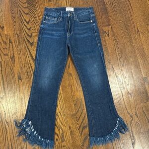Frame Denim Dark Blue Wide-Leg Jeans with Frayed Hem